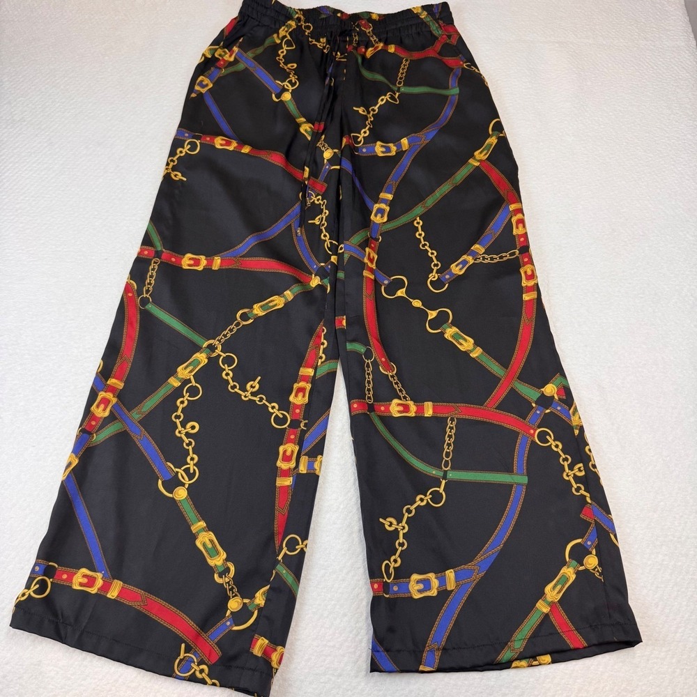 Lauren Ralph Lauren Wide Leg Pants Black Chain Belt Print Elastic Waist Women Sm